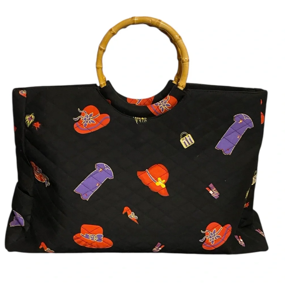 Stylish Black Tote Bag with Bamboo Handles - Picture 2 of 12